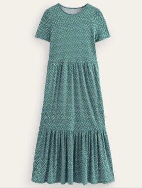 Boden Dress Womens 10 Green Blue Floral Midi Emma Tiered Boho Chic Cottagecore